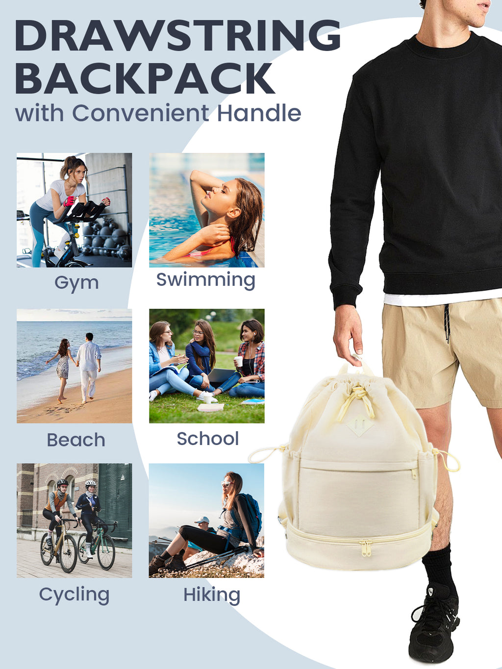 Drawstring Gym Backpack with Shoe Compartment and Wet Pocket, Black