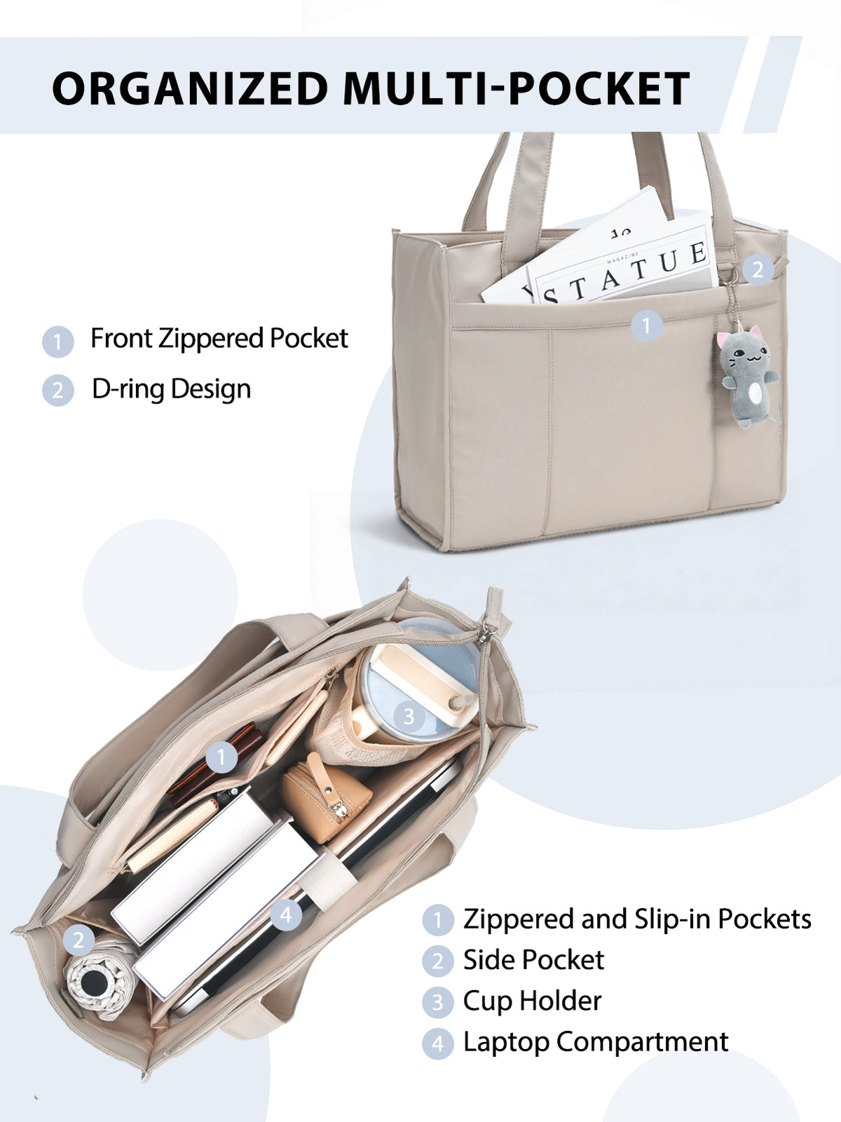 Tote Bag for Women with 15.6 Inch Laptop Compartment and Cup Holder | Puffer Boxy Tote for Work College Nurse, Detachable Shoulder Strap, Crossbody Shoulder Handbag with Zipper, Luggage Sleeve